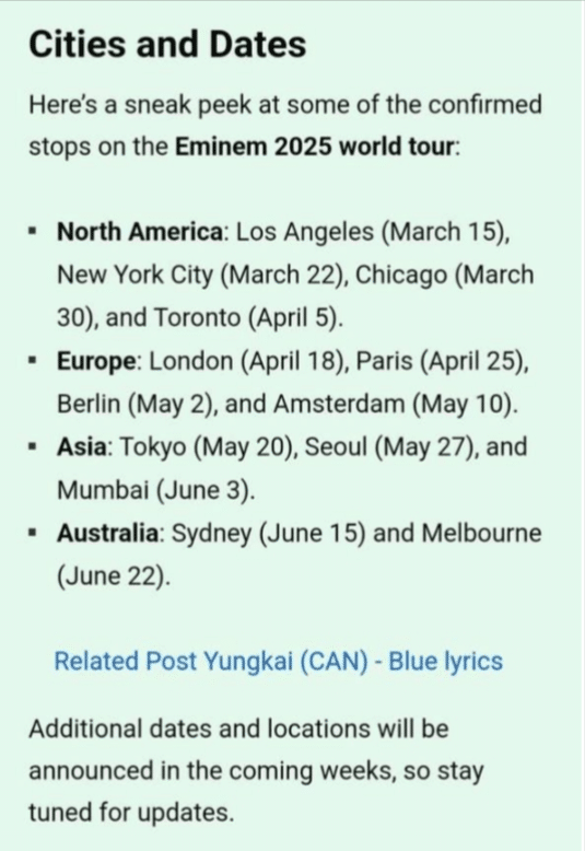Eminem 2025 world tour (cities & dates) Eminem 2025 world tour (cities & dates)