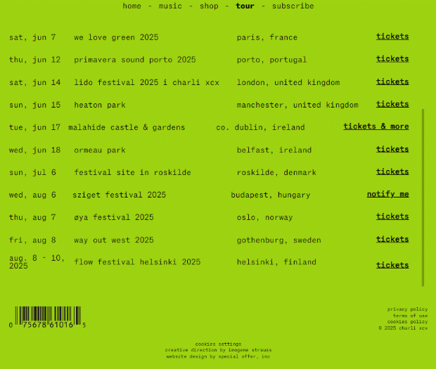 Brat Tour 2025 Europe Shows Brat Tour 2025 Europe Shows